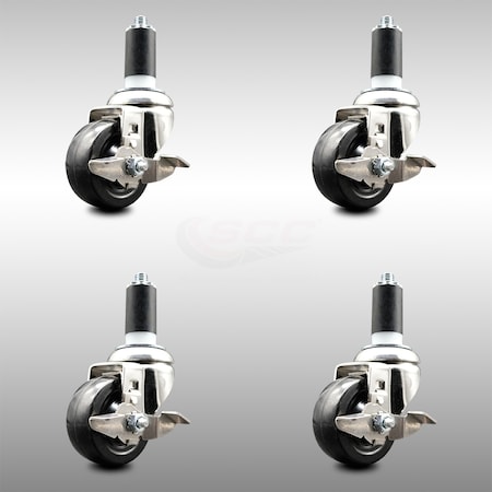 Service Caster 3 Inch 316SS Hard Rubber Swivel 1-1/4 Inch Expanding Stem Caster Set Brake SCC SCC-SS316EX20S314-HRS-TLB-114-4